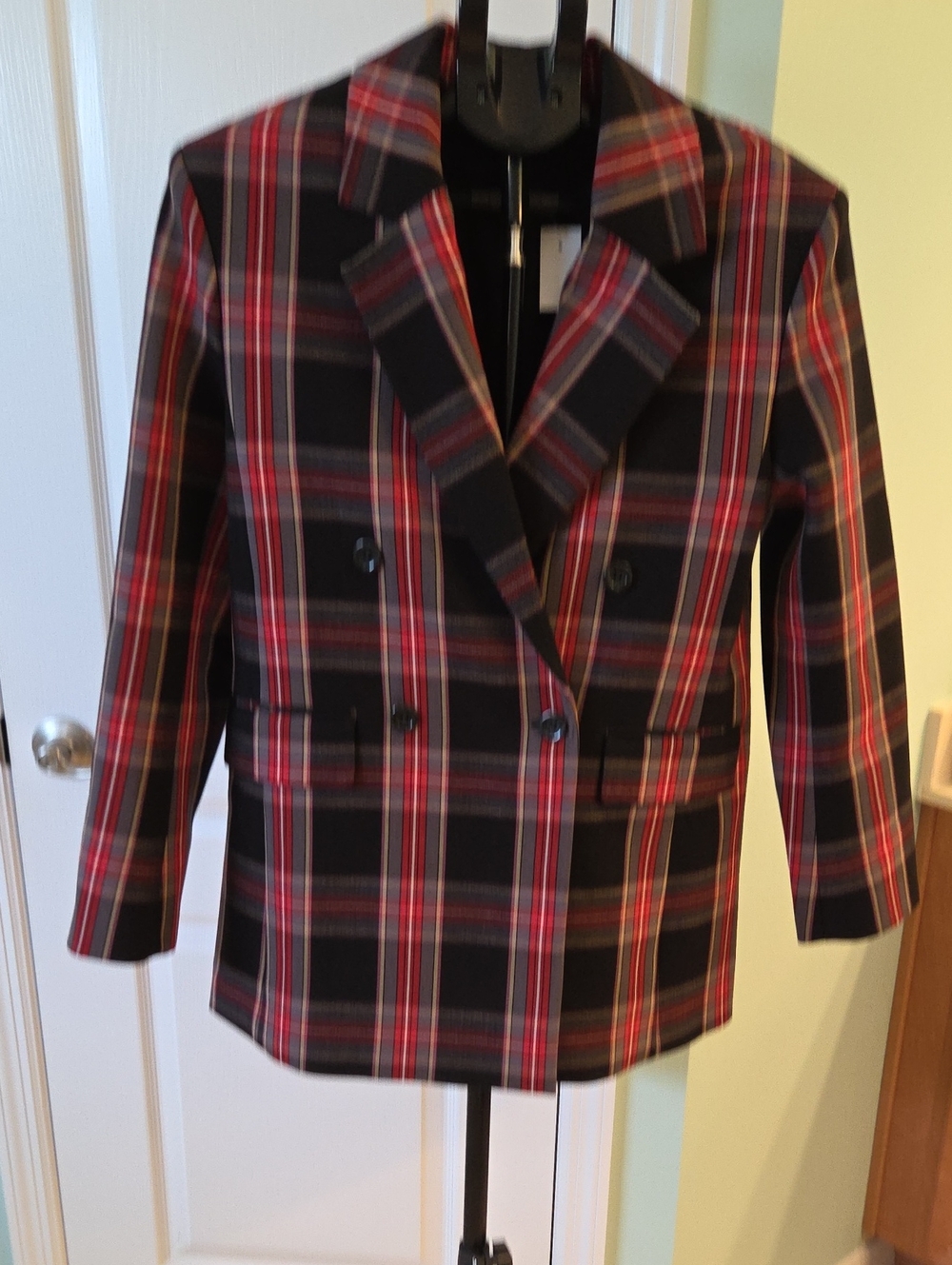 Ann Taylor Black Plaid Double-Breasted Blazer with Red Accents